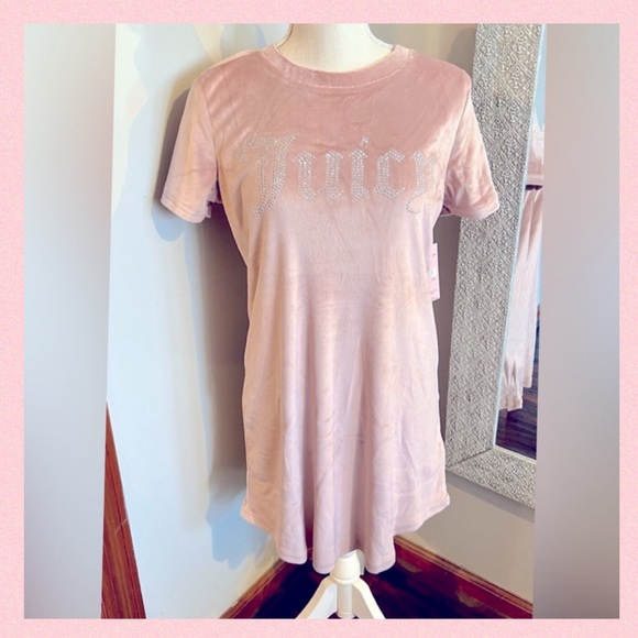 👑🩷JUICY COUTURE Pink Soft Velour Rhinestone Embellished Logo Y2K Sleep Shirt - Picture 1 of 10